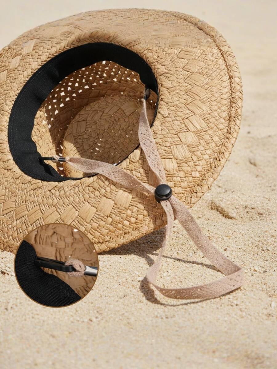 1pc Adjustable Straw Hat Windproof Chin Strap, Hollow Lace Hat Fixing Rope With Double Clips, Anti-Loss Hat Rope, Suitable For Beach Sun Hat, Fishing Bucket Hat, Outdoor Travel Accessories - Multicolor - View 1