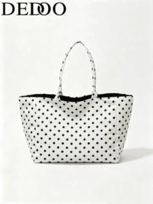 Dedoo 波點帆布大號托特包，柔軟布料長肩帶極簡手提包，適合日常購物，大容量，校園背包，大學校園 - 白色 - 查看 10