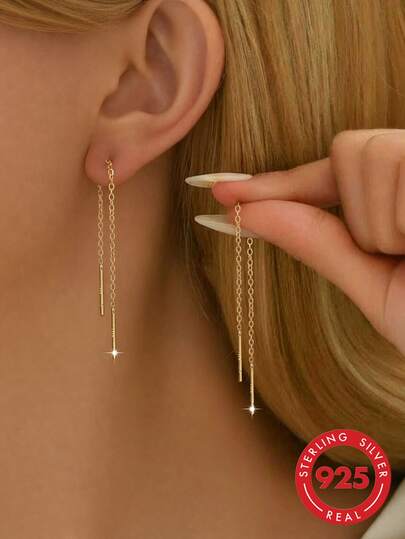 1 Pair S925 Sterling Silver Korean Ins Style Minimalist Cool Aesthetic Double Chain Long Tassel Earrings, Fashionable Light Luxury Personalized Elegant Design, Casual Versatile Face-Slimming Fresh Elegant Earrings For Daily Commute, Vacation, Niche Party Gift