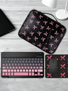 Teclado Bluetooth lindo + Funda protectora para tableta con lazo + Ratón + Alfombrilla para ratón,Teclado inalámbrico portátil (150mAh) Juego de ratón,Compatible con tabletas ,Apple,Compatible con Android Compatible con IOS Compatible con Windows. - Negro - Ver 3