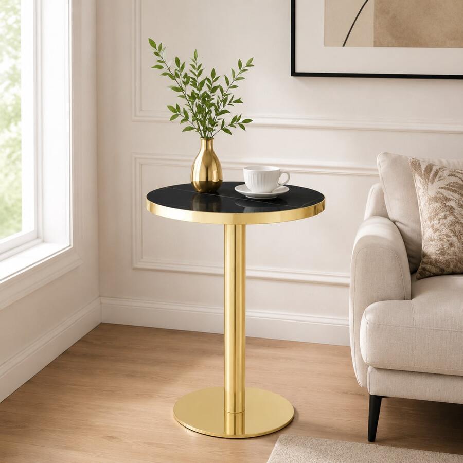 Modern Round Side Table With A Gold Stainless Steel Frame, Marble-Effect Top For Living Room, Luxury Side Table With A Sturdy Base. - 黑色+金色+中密度纖維板 - 查看 1