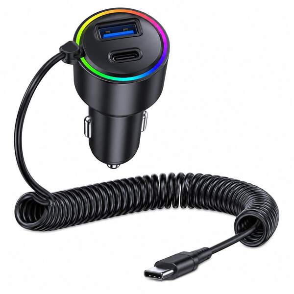 75W Car Charger, [Spring Cable] PD & QC 3.0 Fast Charging Car Adapter, Car Kit (Supports RGB Backlight)