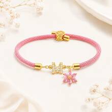 1pc New Classic Letter & Flower Adjustable Braided Rope Bracelet For Women - Pink - View 3