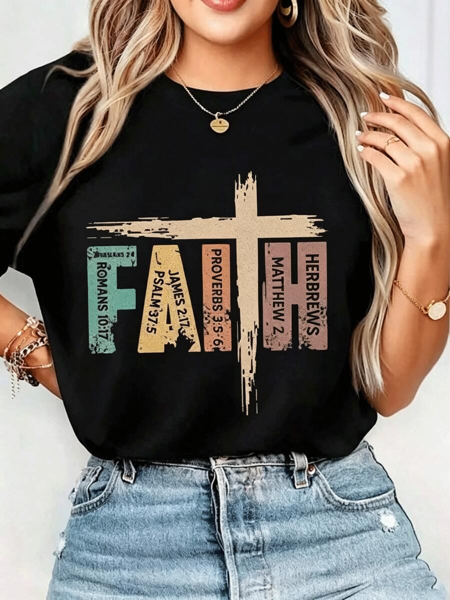 Faith Cross Bible Verse Christian Women's Shirt,With Scripture Quotes,Providing Support For Religious Inspiration And Spiritual Encouragement,220Gram - 黑色 - 查看 1
