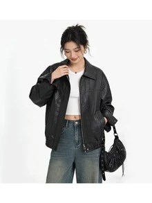 Premium Fashion Versatile Leather Jacket, Solid Color Zipper Leather Coat, College Style, Vacation, Daily Wear, Spring/Autumn - Black - View 8