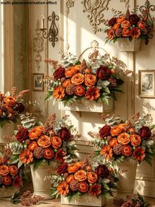 13Pcs Fall Artificial Flowers Bouquet, Autumn Tone Faux Roses, Daisies, And Eucalyptus Leaves, Luxury Fake Floral Arrangement For Home Decor, Wedding, Table Centerpiece, And Photography Props - Autumn Colors - View 6