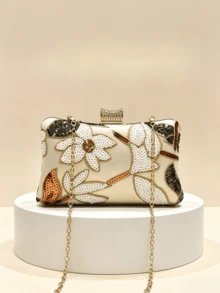 Floral Sequin Evening Clutch Bag, Hard Shell Wallet, Elegant Handheld Bag Suitable For Weddings, Galas And Parties - Gold - View 2