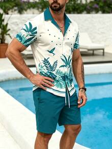 Men's Beach Vacation Casual Blue Green Leaf & Bird Print Shirt And Shorts Set - Multicolor - View 3
