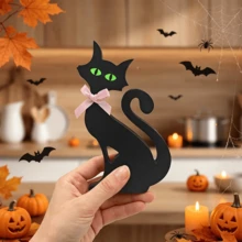 1pc Wooden Black Cat Tabletop Sign Decor, With Pink Bow And Green Cat Eyes Glow In Dark Sticker Decoration, Autumn Halloween Household Desk Shelf Party Supplies. - Multicolor - View 6