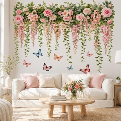 Stiker Dinding Sulur Mawar Merah Muda Wisteria, Hiasan Gantung Karangan Bunga dengan Kupu-kupu Warna-warni, Seni Dinding Bunga Gaya Cottagecore Romantis untuk Dekorasi Kamar Tidur, Ruang Tamu, Ruang Makan & Kamar Anak