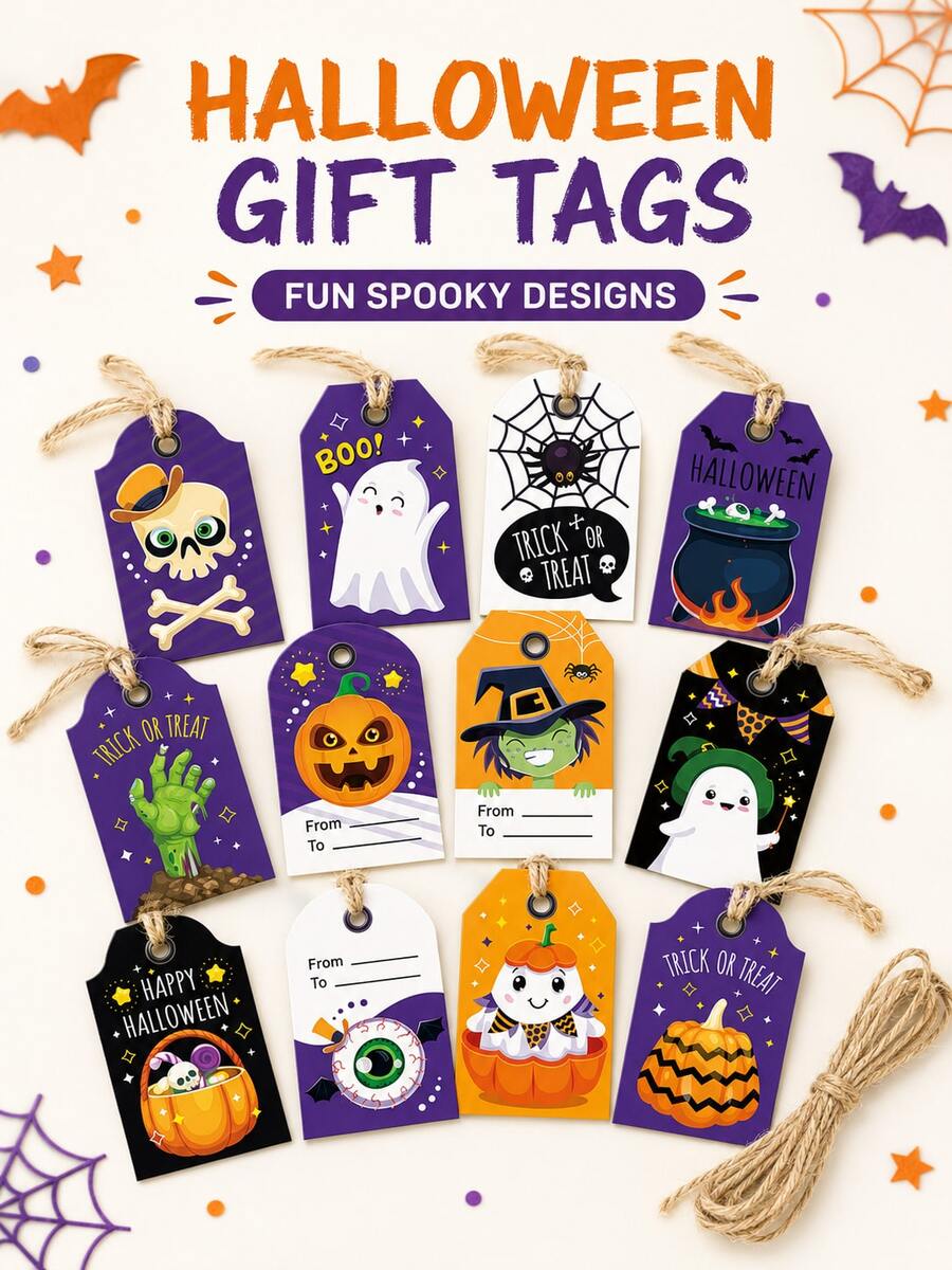 12/24/96pcs Halloween Gift Tags With Strings Cute Pumpkin Ghost Skull Spider Web Witch Labels For Candy Bags Party Favors Gifts And Invitations - Multicolor - View 1