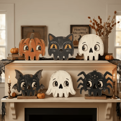 Bộ 6 món trang trí bàn làm việc Halloween phong cách vintage, gồm ma dễ thương, bí ngô, mèo đen, bộ xương và các vật phẩm hoạt hình khác, bộ quà tặng trang trí nhà mùa thu với biển trang trí không khí Halloween, quà tặng Halloween