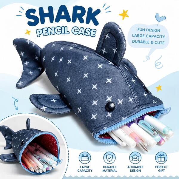 1pc Shark Shaped Pencil Case, Cute Cartoon Animal Star Pattern Pencil Storage Bag, Large Capacity Zipper Stationery Pouch, Portable Coin Organizer, Student Back To School Gift, School Supplies