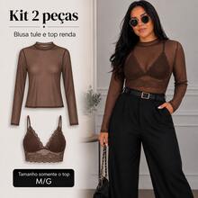 2-PIECE SET Women's Long Sleeve Tulle Blouse And Elegant Modern Lace Top With Faux Collar - 襯衫上衣/棕色 - 查看 1