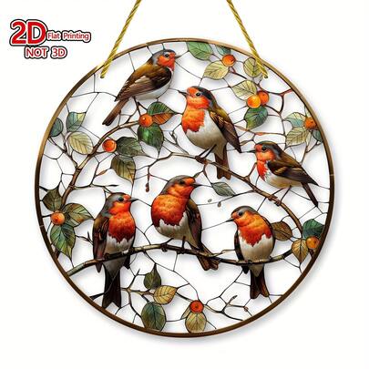 1 pieza Diseño plano 2D, Impresión plana, Atrapapájaros de ventana con pájaro petirrojo, Atrapapájaros de jardín, Estilo acrílico colorido, Decoración colgante natural soplada por el viento, Adecuado para amantes de los pájaros, Opción única, Adecuado para entusiastas de la decoración del hogar, Plano 2D