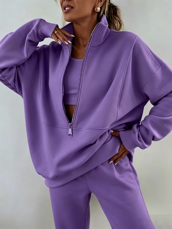 Women Solid Minimalist 2 Piece Loungewear Tracksuit Half Zip Stand Collar Oversized Drop Shoulder Sweatshirt Full Length Straight Leg Jogger Pants