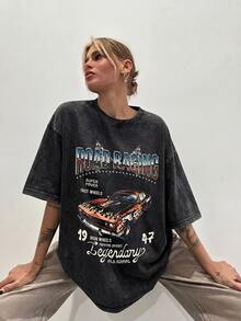 Women's Summer Casual T-Shirt, Y2K Letter & Car Print Round Neck Short Sleeve Crew Neck Tee For Holiday, Vacation, Spring Festival & Graphic Summer - 黑色1 - 查看 1