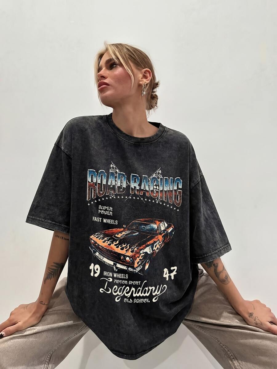 Women's Summer Casual T-Shirt, Y2K Letter & Car Print Round Neck Short Sleeve Crew Neck Tee For Holiday, Vacation, Spring Festival & Graphic Summer - 黑色1 - 查看 1
