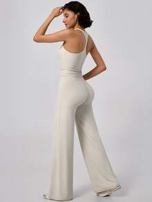 TimeOff Women's One Set Solid Color Racerback Detachable Padded Camisole & High Waist Wide Leg Pants Sports Set - Apricot - View 3