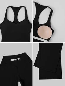 TimeOff 女款純色運動套裝：可拆式胸墊露背細肩帶背心與高腰寬腿長褲 - 黑色 - 查看 4