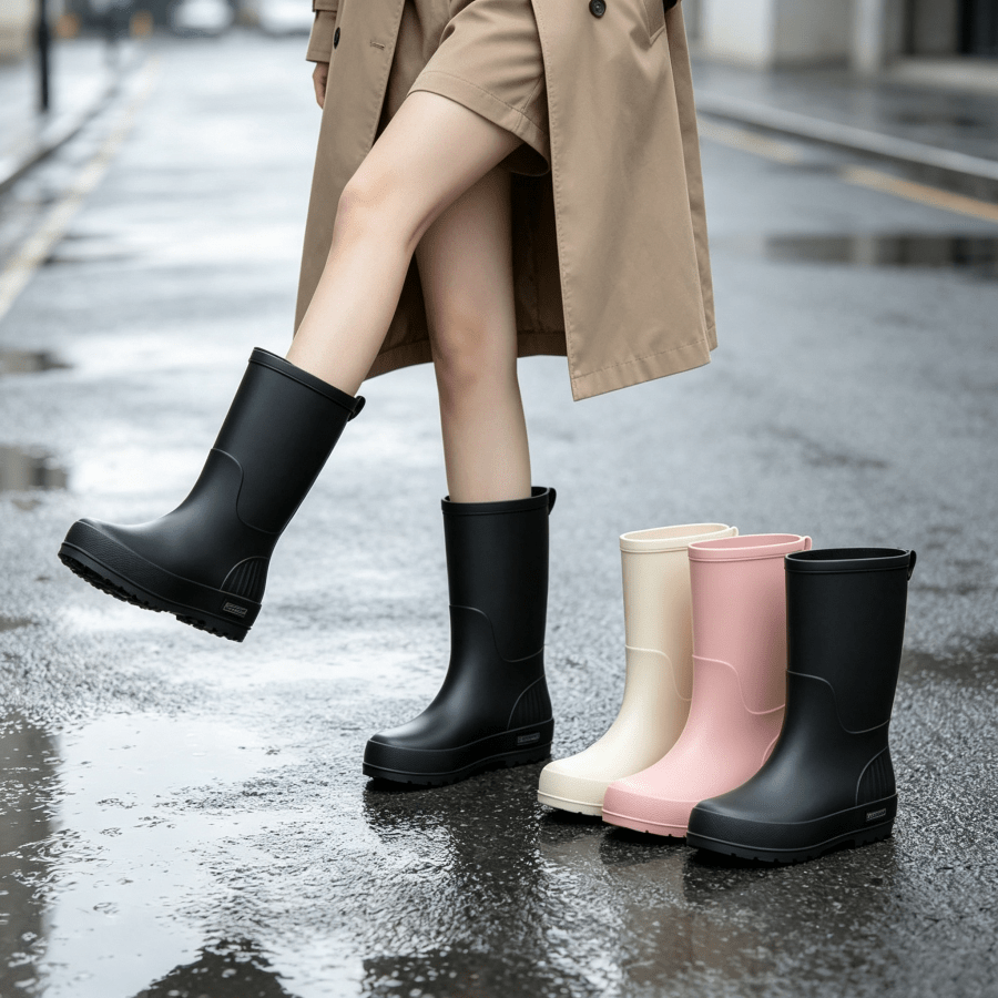 1雙極簡風女款防水中筒雨靴，柔軟彈性PVC防滑雨鞋，耐用可重複使用鞋套，城市漫步、徒步、釣魚及雨天必備旅行用品