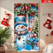 Cortina de puerta plana 2D de muñeco de nieve navideño, estilo acuarela con muñeco de nieve lindo con caja de regalo y árbol de Navidad, esquema de color rojo y azul, poliéster duradero, sin necesidad de energía, adecuado para decoración de fiesta de Navidad, se puede usar para decoración de pared, puerta y ventana interior y exterior, arreglo de ambiente festivo, hogar, centro comercial, estudio, escenas al aire libre, material de poliéster, sin necesidad de energía - A - Ver 6