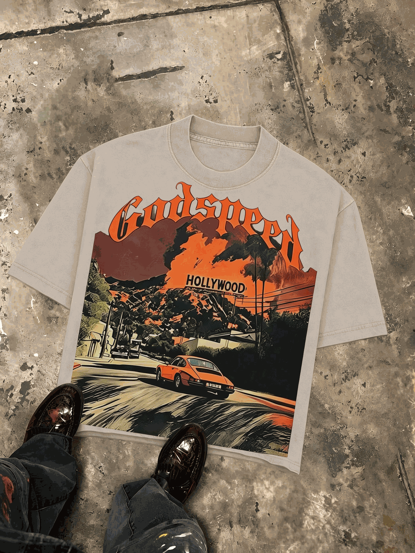 Holly Wood Hills Orange Sunset Distressed West Coast Hip Hop Tee, Oversized 180g Breathable Cotton, Summer Beach Outfit For Men - 杏色 - 查看 1