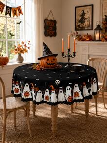 1 buah Taplak Meja Hantu Halloween Hitam, Hantu Putih, Lentera , Kelelawar, Jaring Laba-laba dan Cetakan Tanda BOO, Desain Tepi Bergelombang, Cocok untuk Pesta, Meja Makan dan Dekorasi Liburan Rumah - MultiWarna - View 6
