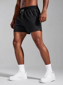 Men's Solid Color Sports Shorts With Drawstring And Pockets, Lightweight And Comfortable, Suitable For Summer Sports And Casual Wear Black - Black - View 1