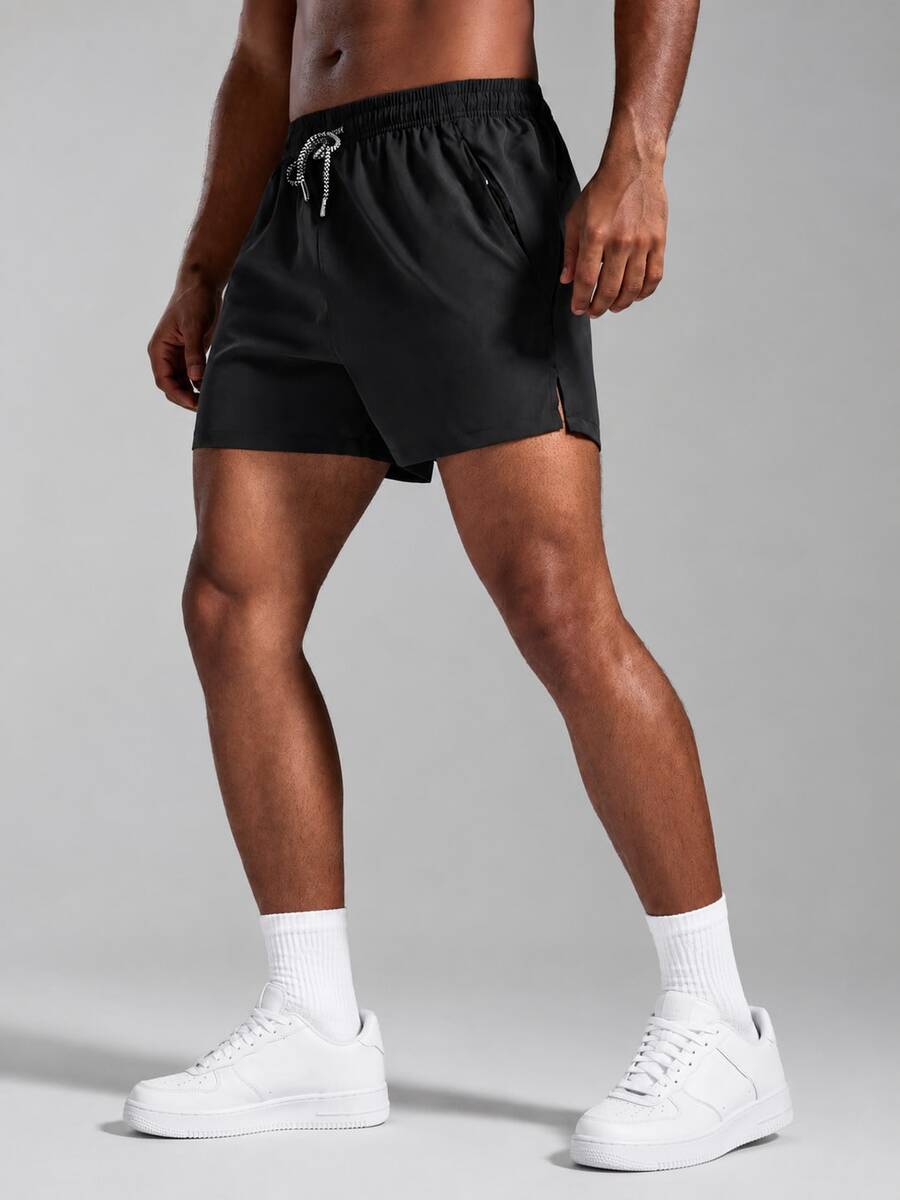 Men's Solid Color Sports Shorts With Drawstring And Pockets, Lightweight And Comfortable, Suitable For Summer Sports And Casual Wear Black - Black - View 1