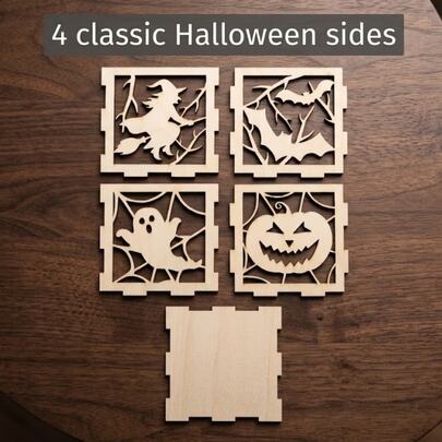 Halloween Wooden Candle Holder, Witch Bat Ghost Pumpkin Shadow Projection, Flat Pack Easy Assembly, Tabletop Centerpiece Decoration For Haunted House Party Home Decor