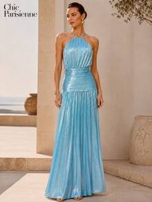 Lagoon Blue Metallic Plissé Halter Maxi Dress - 湖藍色 - 查看 15