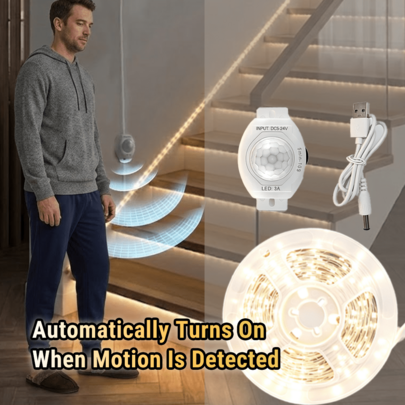 USB Motion Sensor LED Tape, 5s-5min Adjustable Delay Off, Cool & Warm White Self-Adhesive Night Light For Kitchen, Closet & Skirting Board