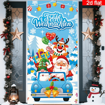 2D Flat Christmas German Theme Door Curtain, Cartoon Style Santa Claus, Reindeer And Elf Driving Design, With "Frohe Weihnachten" Text, Blue And White Color Scheme, Durable Polyester, No Power Required, Suitable For Christmas Party Decoration, Can Be Used For Indoor/Outdoor Wall, Door And Window Decoration, Holiday Atmosphere Arrangement, Home, Mall, Studio, Outdoor Scenes, Polyester Material, No Power Required