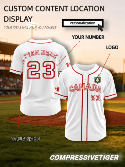 2026 Pure White With Red Trim Canada Home Short Sleeve Baseball Cardigan, Supports Full Customization, Loose Button-Up Fit. Summer