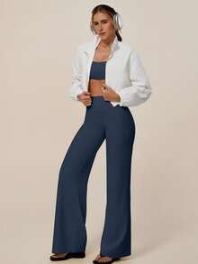 TimeOff Women's One Set Solid Color Spaghetti Strap Backless Bra High Waist Tummy Control Wide Leg Pants Sports Set - Blue - View 9