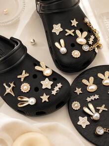 16PCS Gold Bunny Star Shoe Charms Set, Pearl Rhinestone Chain DIY Decoration Accessories, Cute Elegant ABS Charms For Clogs Sandals Shoes, Women Girls - Gold - View 4