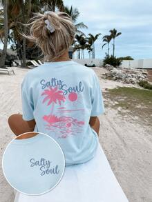 Women's Blue Salty Soul Palm Tree Graphic T-Shirt, Oversized Short Sleeve Tee, Vacation Outfits Women, Back To School Clothes, Fall Casual Top - 藍色 - 查看 1