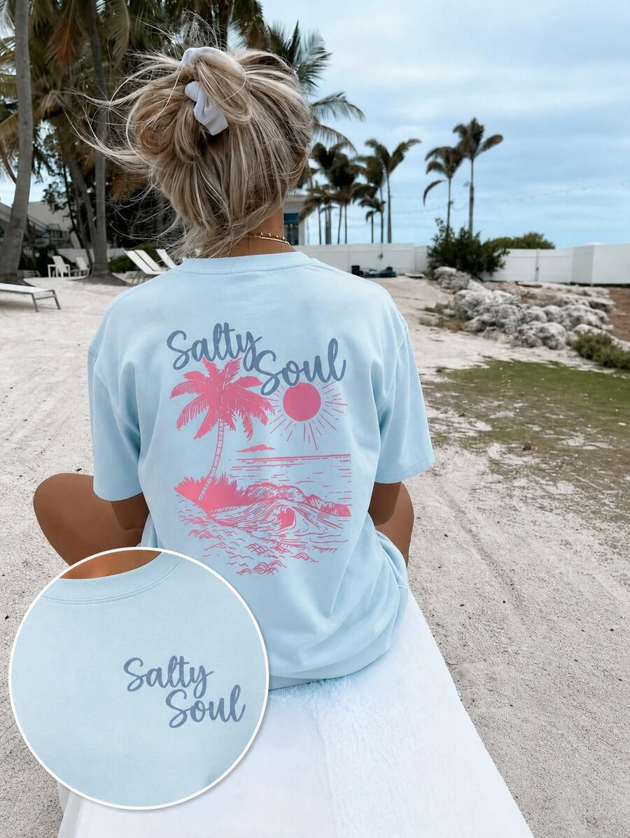 Women's Blue Salty Soul Palm Tree Graphic T-Shirt, Oversized Short Sleeve Tee, Vacation Outfits Women, Back To School Clothes, Fall Casual Top - 藍色 - 查看 1