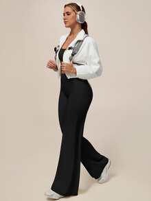 TimeOff Women's One Set Solid Color Spaghetti Strap Backless Bra High Waist Tummy Control Wide Leg Pants Sports Set - Black - View 3