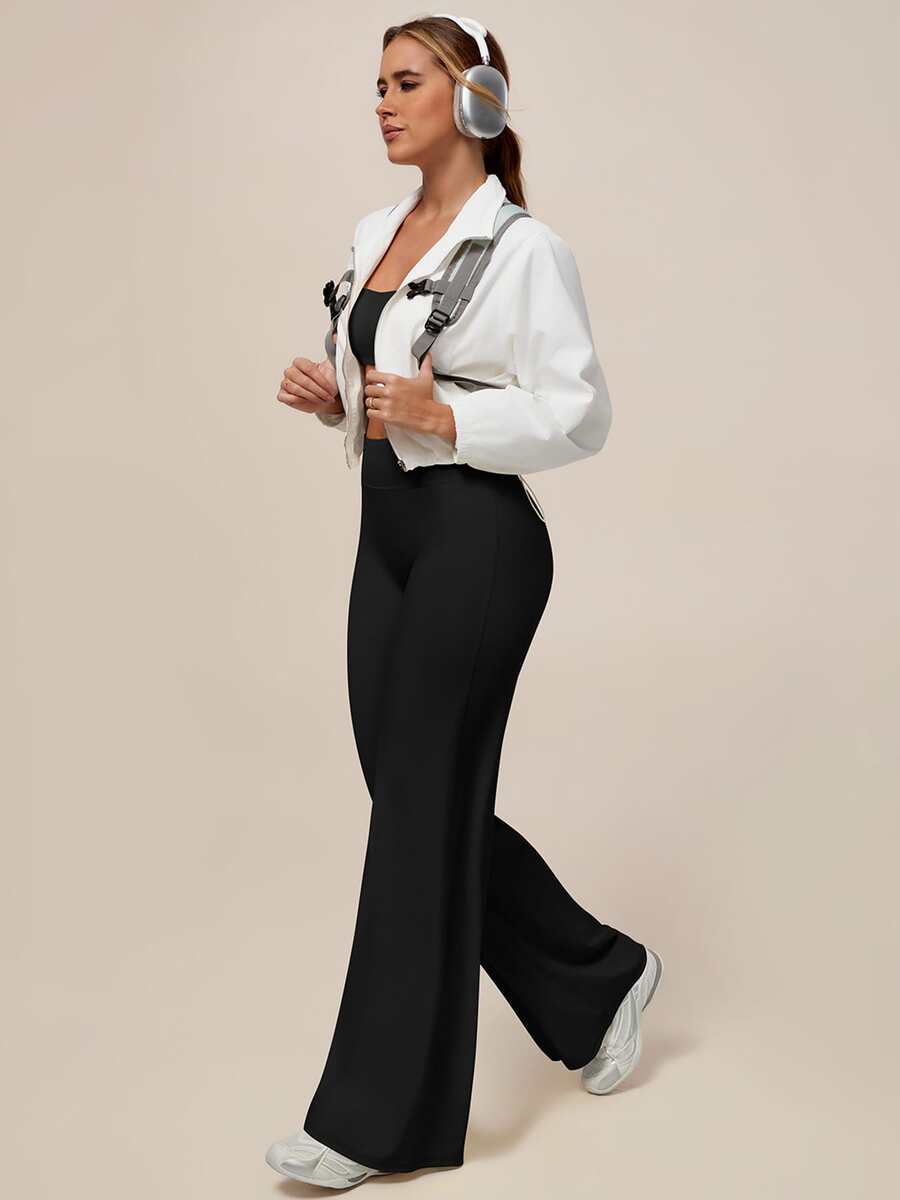 TimeOff Conjunto deportivo de mujer de un solo color con sujetador de tirantes finos sin espalda y pantalones de cintura alta con control de abdomen y pierna ancha - Negro - Ver 1