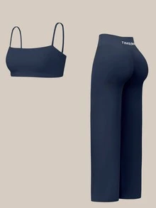 TimeOff Women's One Set Solid Color Spaghetti Strap Backless Bra High Waist Tummy Control Wide Leg Pants Sports Set - Blue - View 5