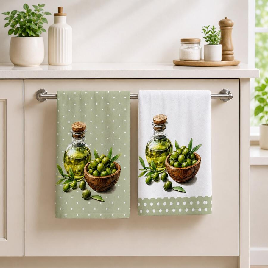2pcs Green Olive Pattern Kitchen Towels, 6/8pcs Plant Print Dish Cloths, Super Absorbent Microfiber, Machine Washable, Holiday Gift And Cleaning Supplies Decor, Suitable For Holiday Decoration, Cooking, Baking, Housewarming Gift And Cleaning Supplies, Suitable For Kitchen, Bathroom, Toilet - Multicolor - View 1