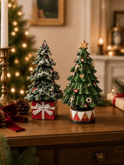 Mini Resin Christmas Tree Figurine, Vintage Christmas Tabletop Decor, Hand Painted Xmas Tree Statue, Small Holiday Decoration For Mantel Shelf Fireplace Living Room Office Desk, Festive Home Decor Gift