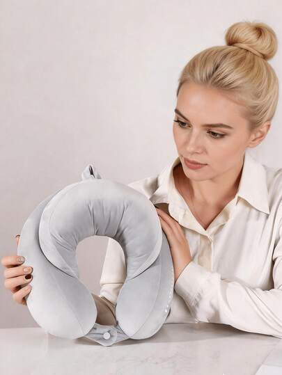Minimalist Solid Dark Blue U-Shaped Soft Memory Foam Travel Neck Pillow, Snap Closure, Portable Head And Neck Support Cushion, Suitable For Airplane, Car, Train, Office, Home, Lounge Chair, Long-Distance Flight, Road Trip, Vacation, Summer Holiday, Business Trip
