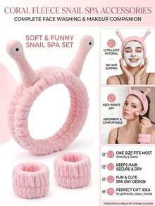 Black/Pink Cute Snail Face Wash Headband, Fun Cartoon Snail Elastic Coral Fleece Skincare Headband, Soft Makeup Removal Headband, Women's Bath, Beauty Skincare And Daily Makeup Hair Accessory - Multicolor - View 2