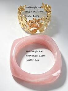 2Pcs Aesthetic Stacking Bracelet Set Marbled Amber Resin Bangle Gold Banana Leaf Open Cuff Bangles Y2K Boho Vacation Outfit Accessories For Women - Alloy Resin Bracelet Set - View 7