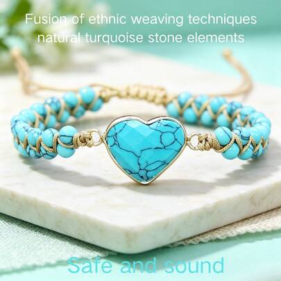 1PC Blue Natural Stone Heart Bracelet; Handmade Drawstring Design; Adjustable Length; Fits Any Wrist Perfectly; A Gentle And Healing Little Accessory