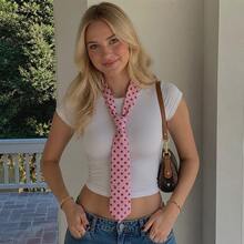 Y2K Sweet Pink Polka Dot Necktie Smooth Fabric Preppy Style JK Uniform Decorative Tie For Women Dress Outfit Accessory - Multicolor - View 6