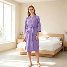 1pc Women's 100% Cotton Waffle Knit Kimono Robe, Soft Absorbent Unisex Bathrobe, Suitable For Home, Spa, Hotel Leisure, Valentine's Day Gift - White - View 13